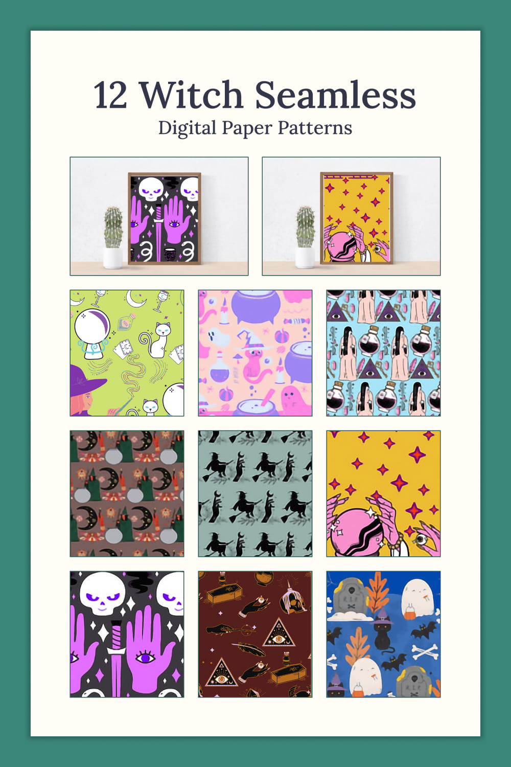Patterns featuring the moon, skulls, witches, stars, and more.