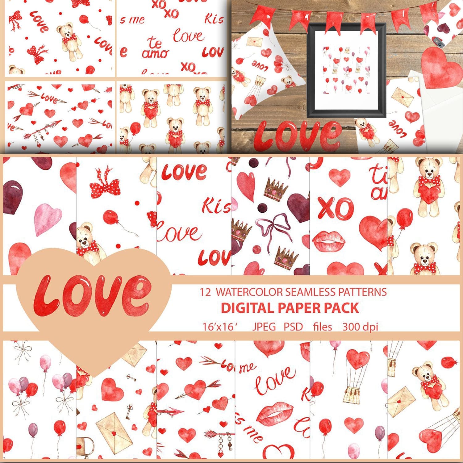 Watercolor seamless patterns about love, second image 1500x1500.