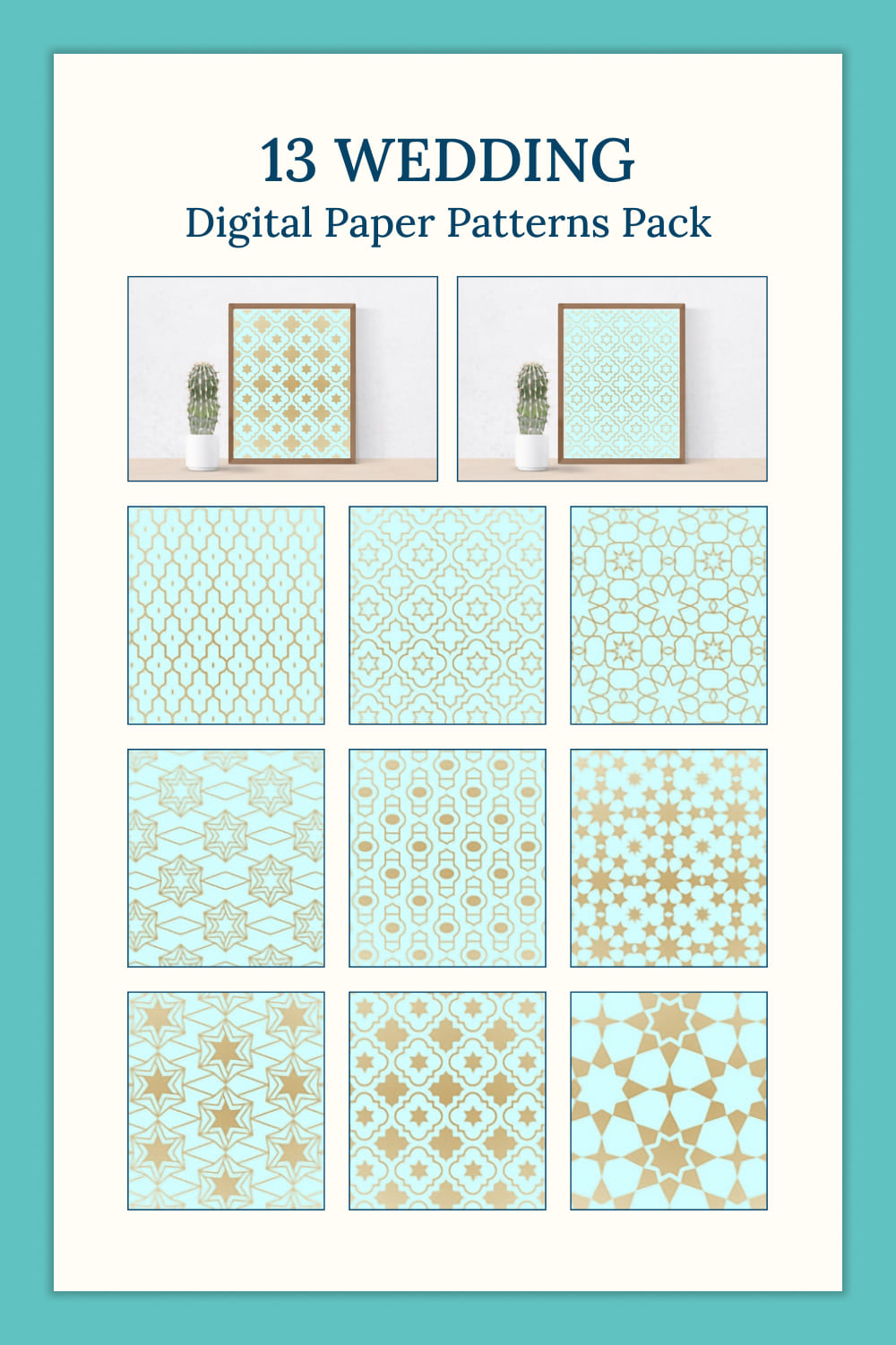 13 patterns in gold and turquoise colors.