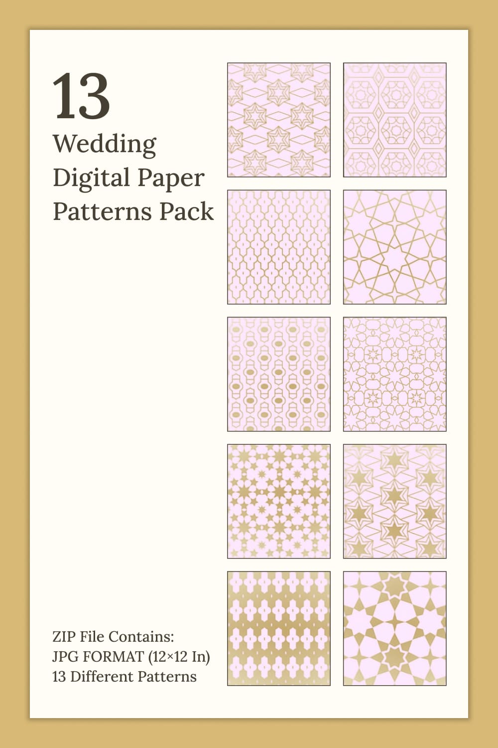 Several patterns with a pink background and gold patterns.