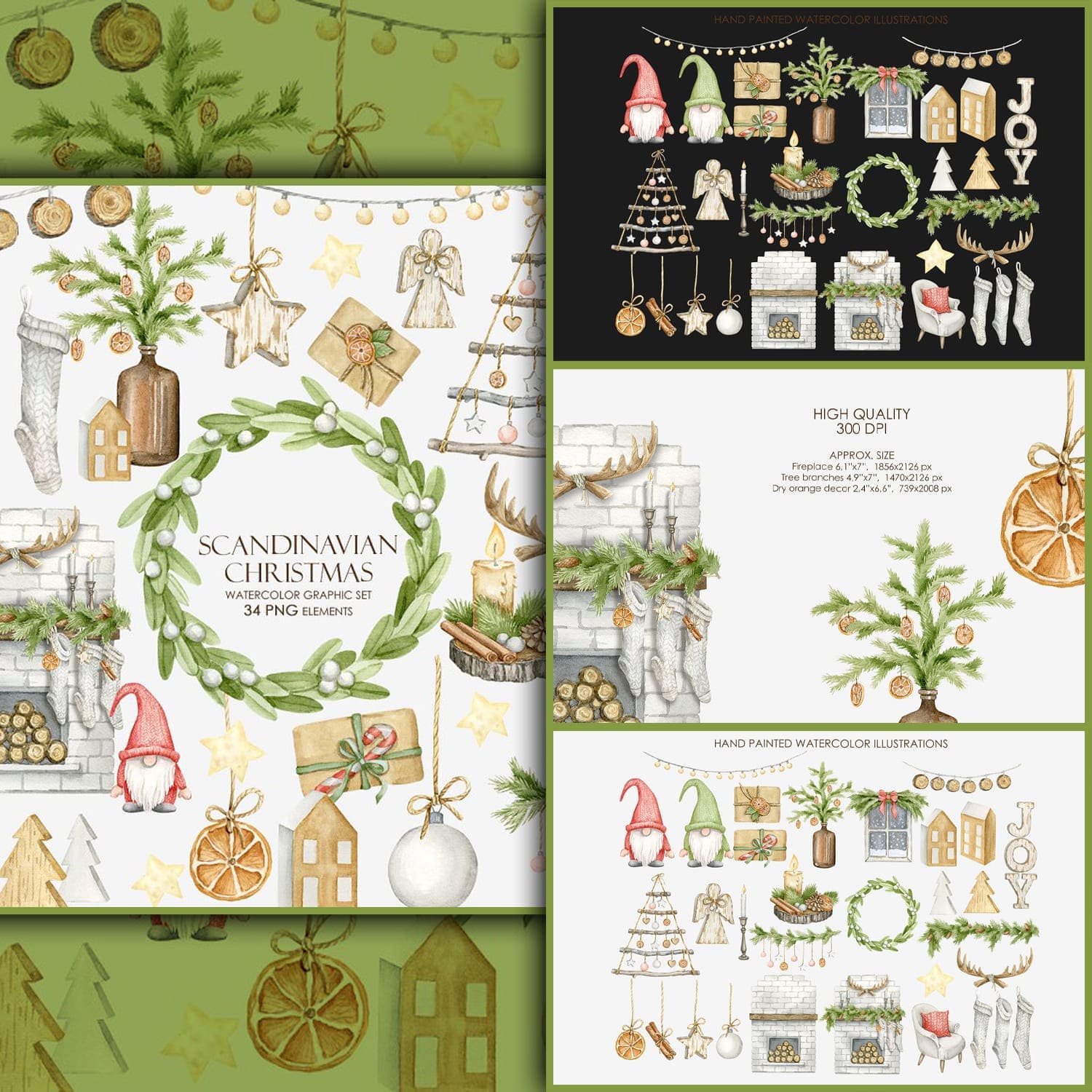 Watercolor rustic christmas clipart, second picture 1500x1500.