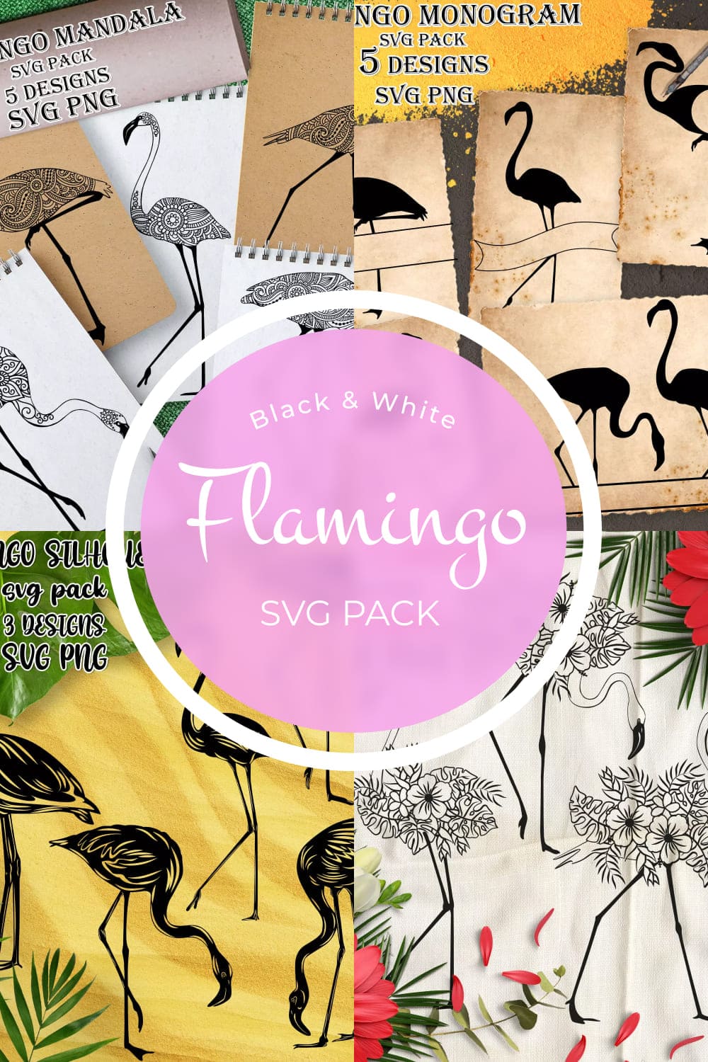 Flamingo svg pack with flamingos and flowers.