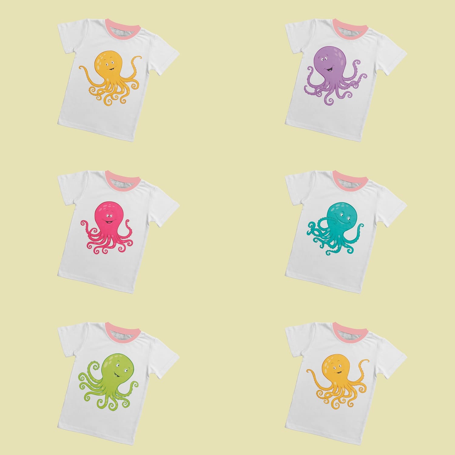 Six t-shirt designs featuring a cute octopus.