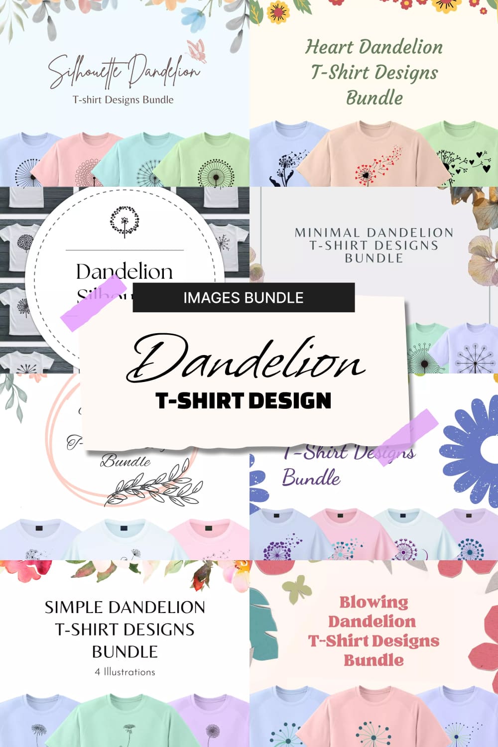 Dandelion t-shirt design images bundle, picture for Pinterest.