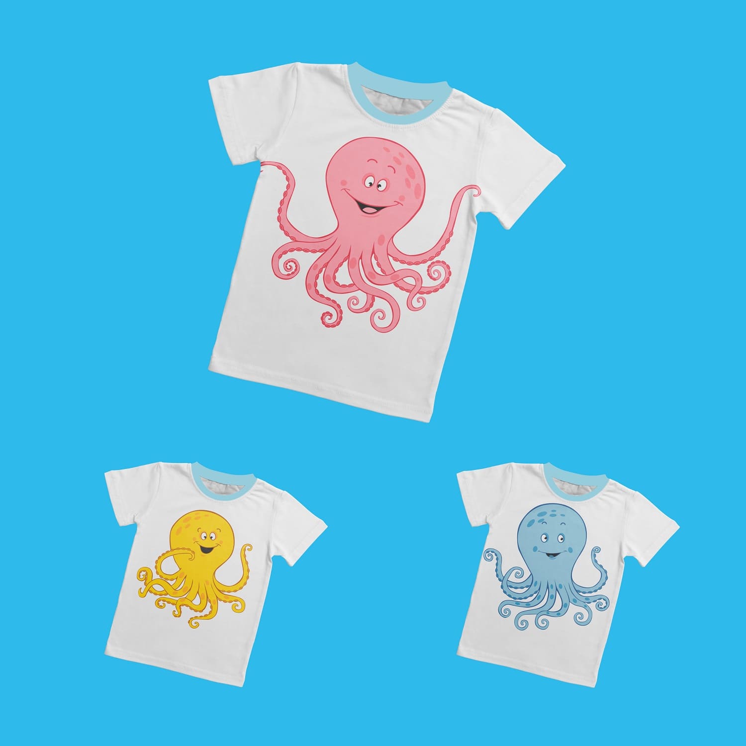 A set of three funny octopus t-shirt designs on a blue background.