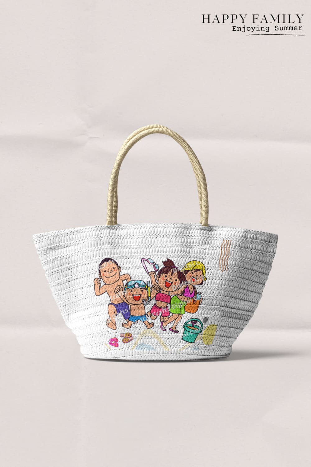 Print happy family enjoying summer on a knitted bag.