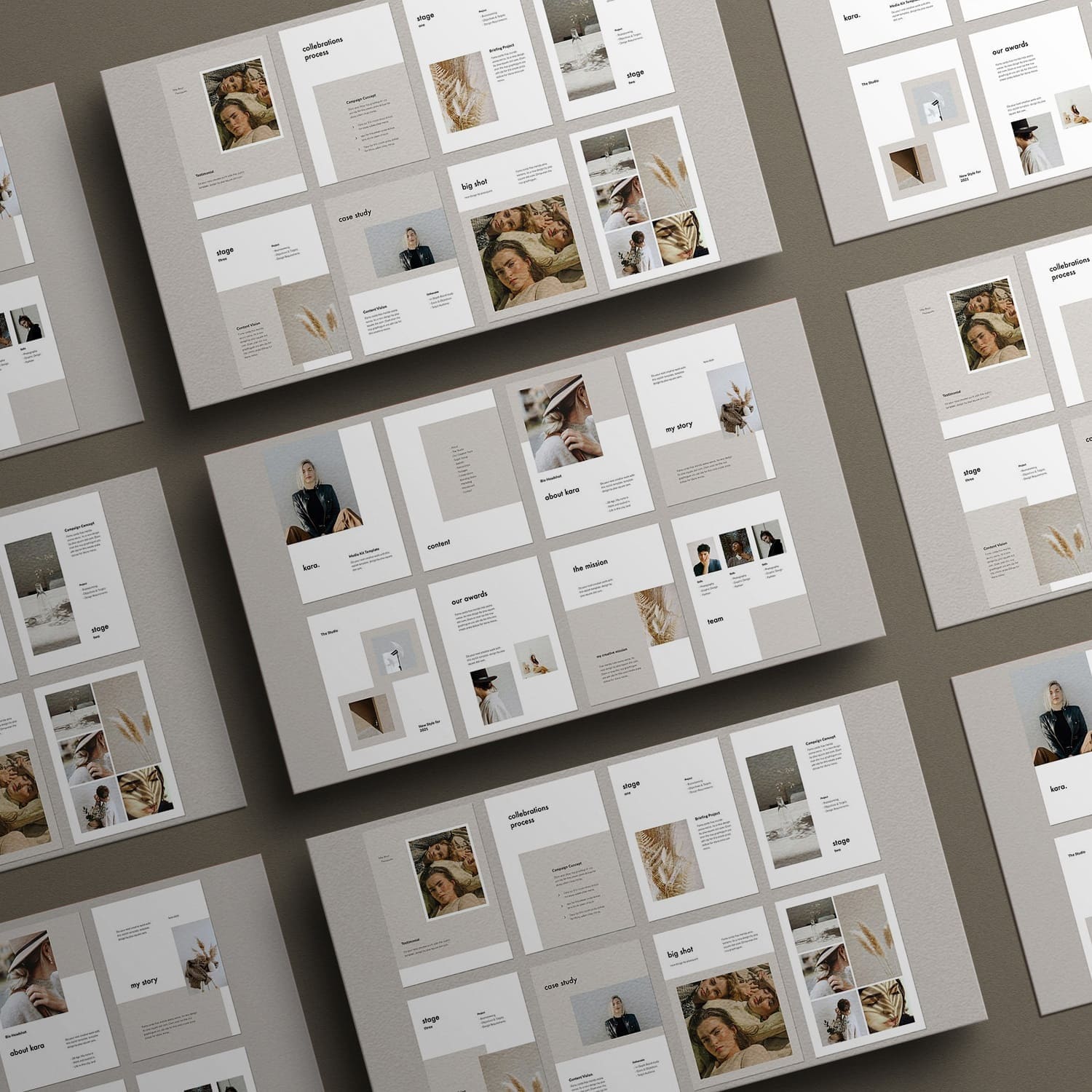 Groups of slides of 8 pieces at an angle, Kara A4 vertical keynote template.