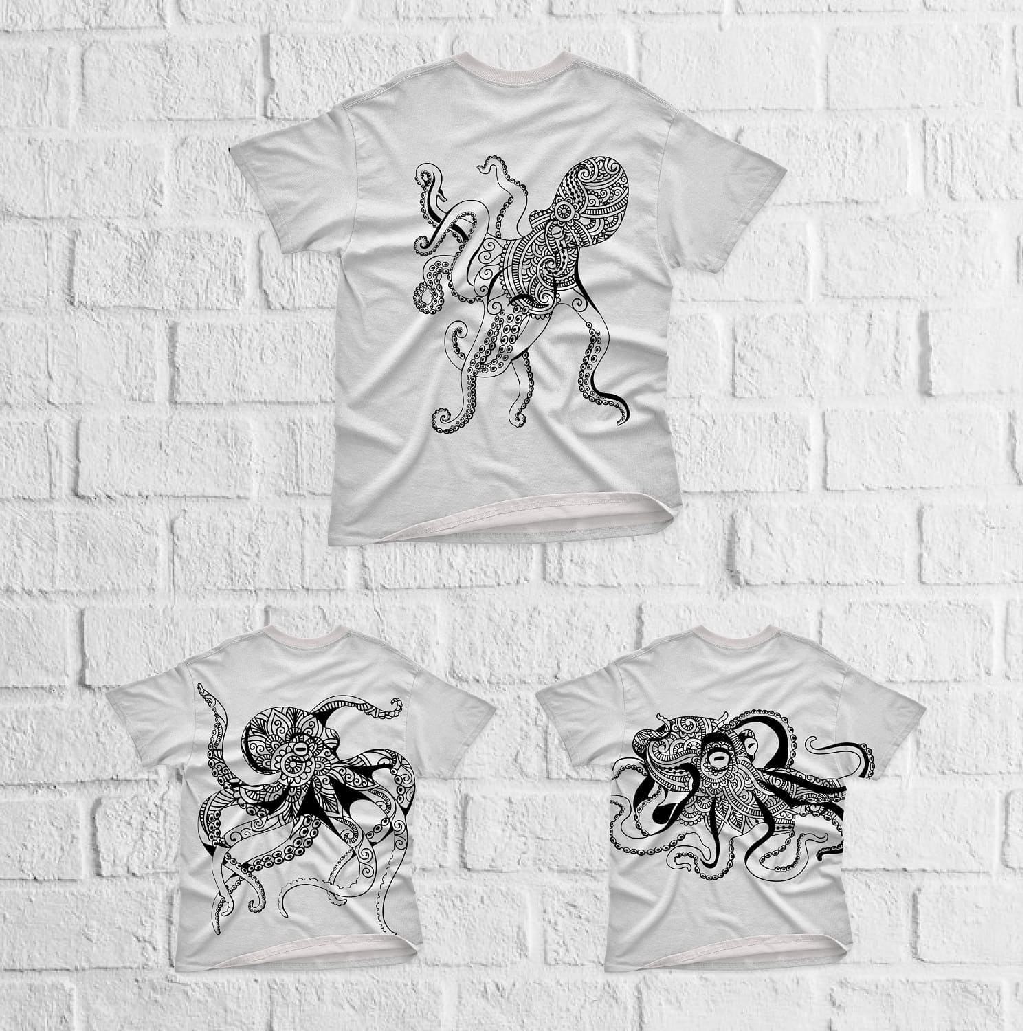 Three white t-shirts with the image of an octopus mandala.