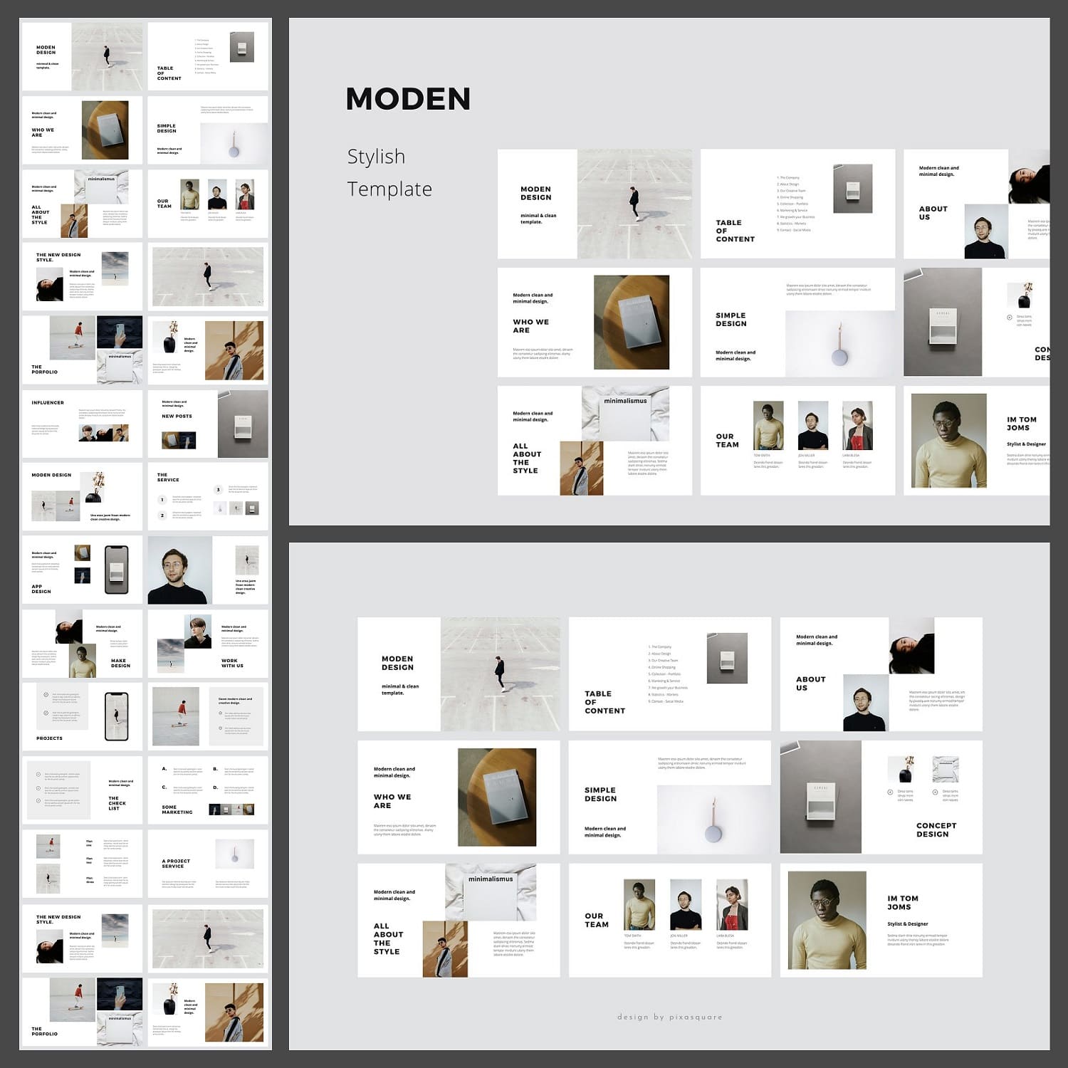 Three blocks of template slides in the style of the Moden keynote.