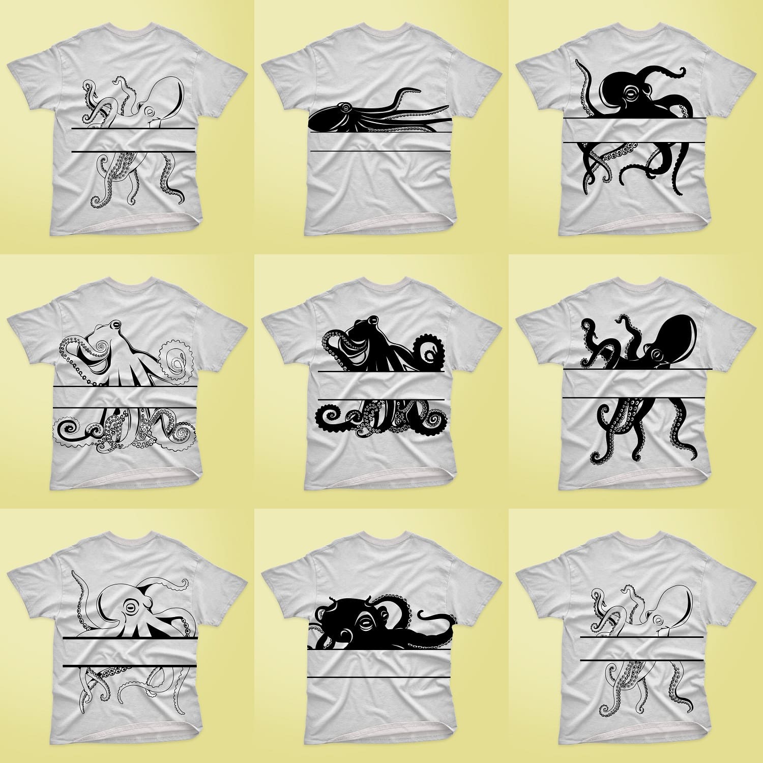 Nine designs of white Monogram Octopus T-shirts.