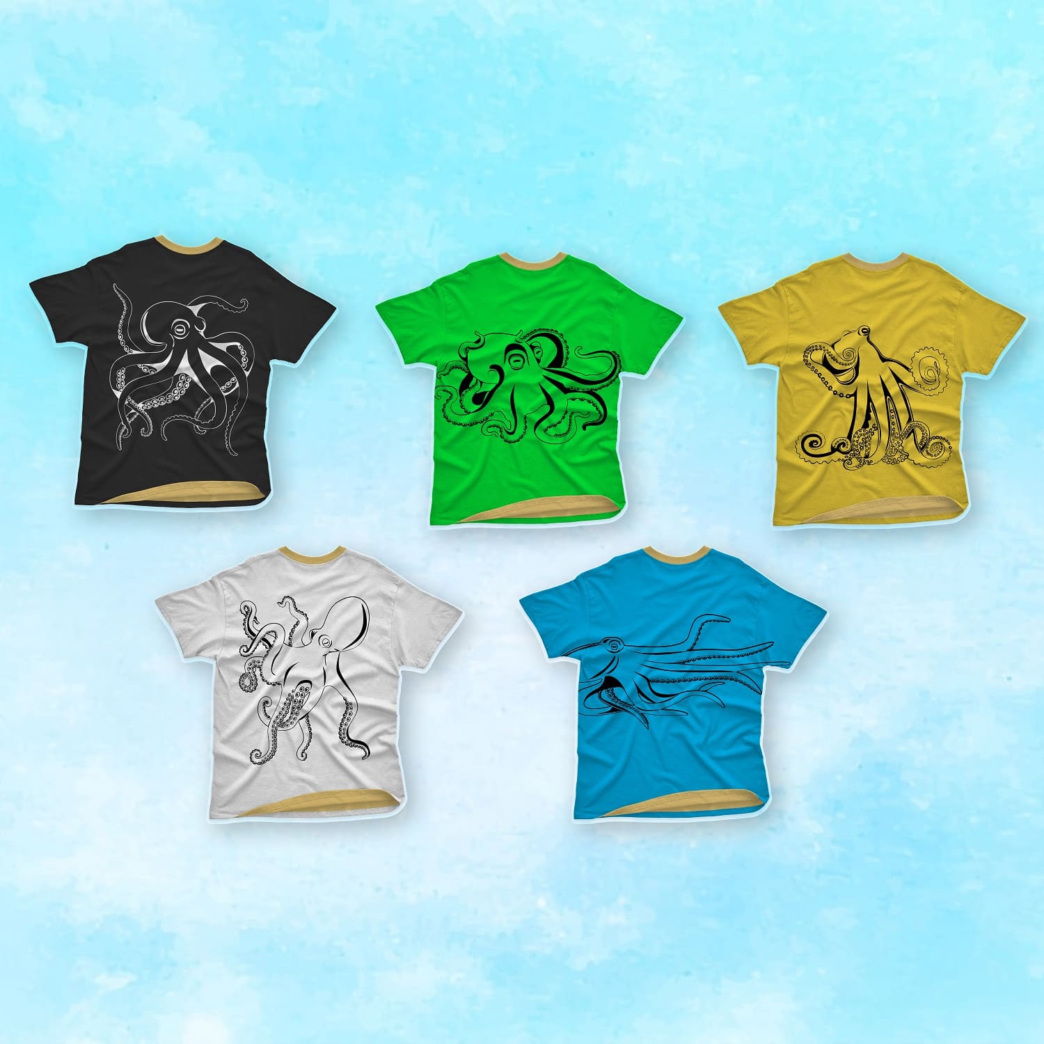 A set of five colorful t-shirts featuring an octopus.