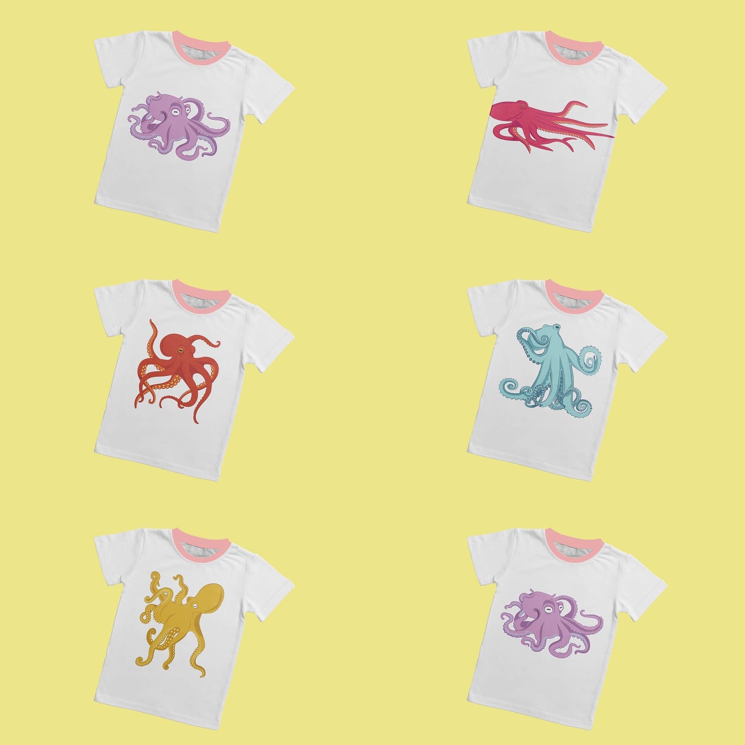 A set of six t-shirts featuring colorful octopuses on a yellow background.
