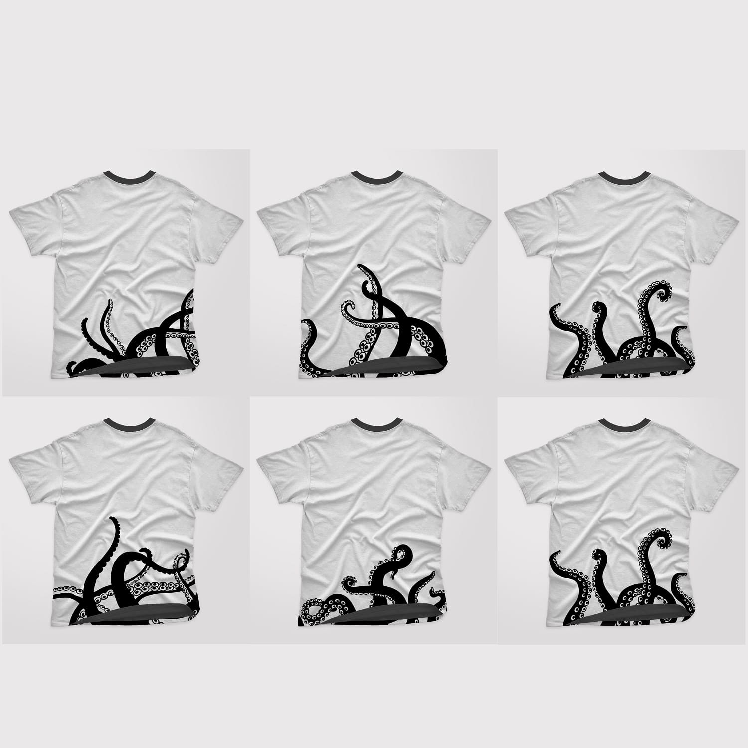 Six black and white T-shirts with octopus tentacles.