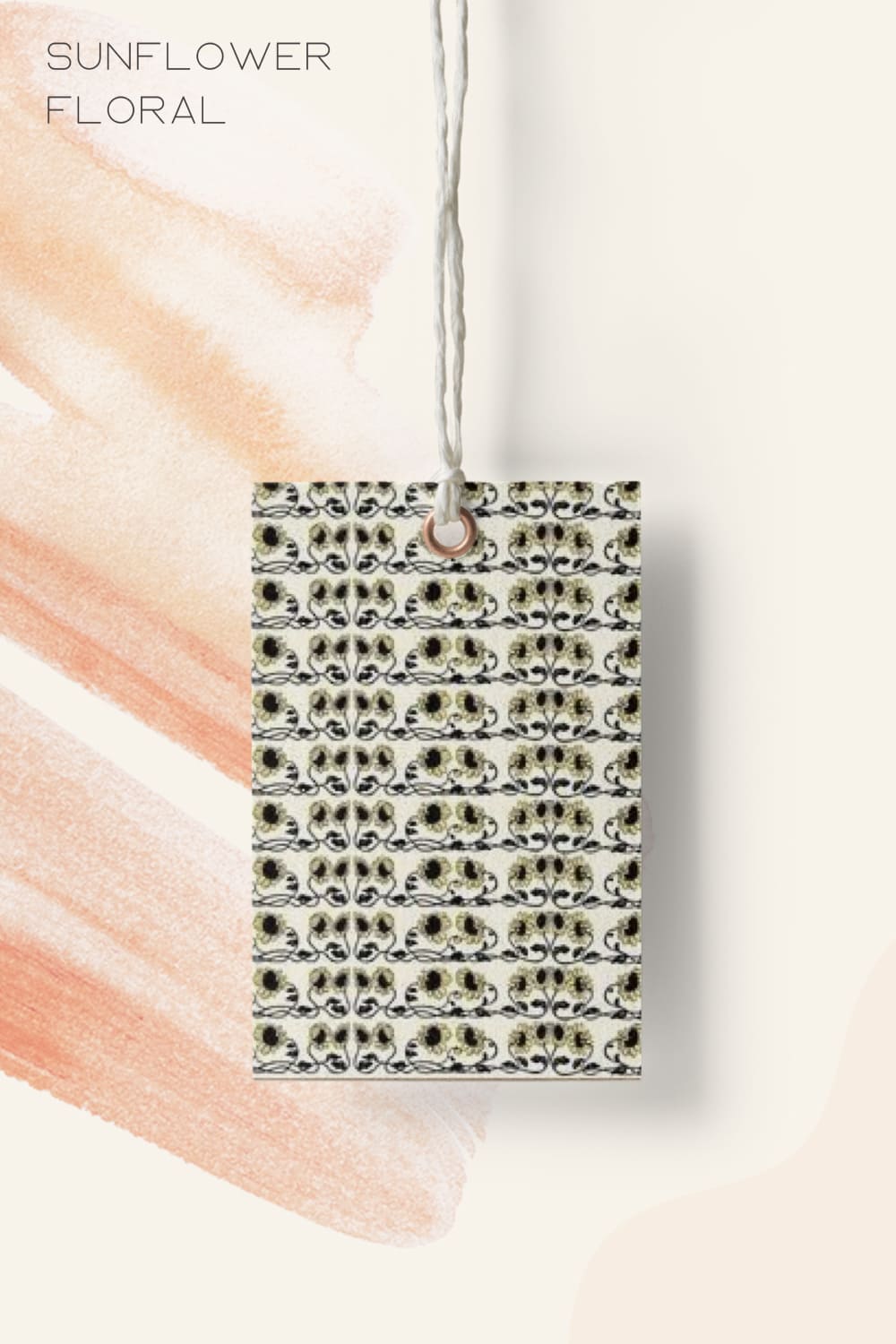 Sunflower seamless pattern on a tag hanging on a rope.