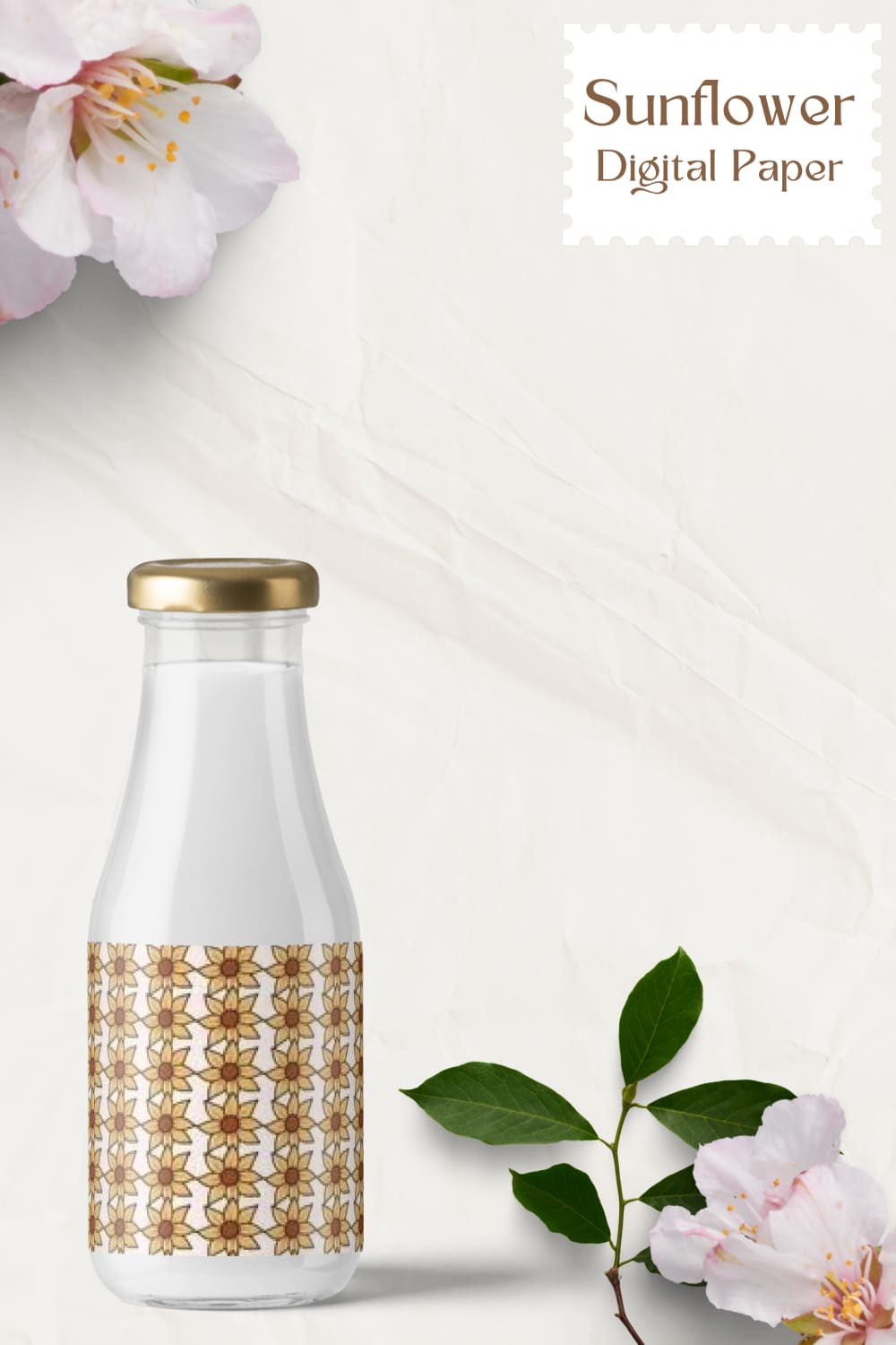 Digital paper with a pattern of a sunflower in the form of a label on a bottle of milk.