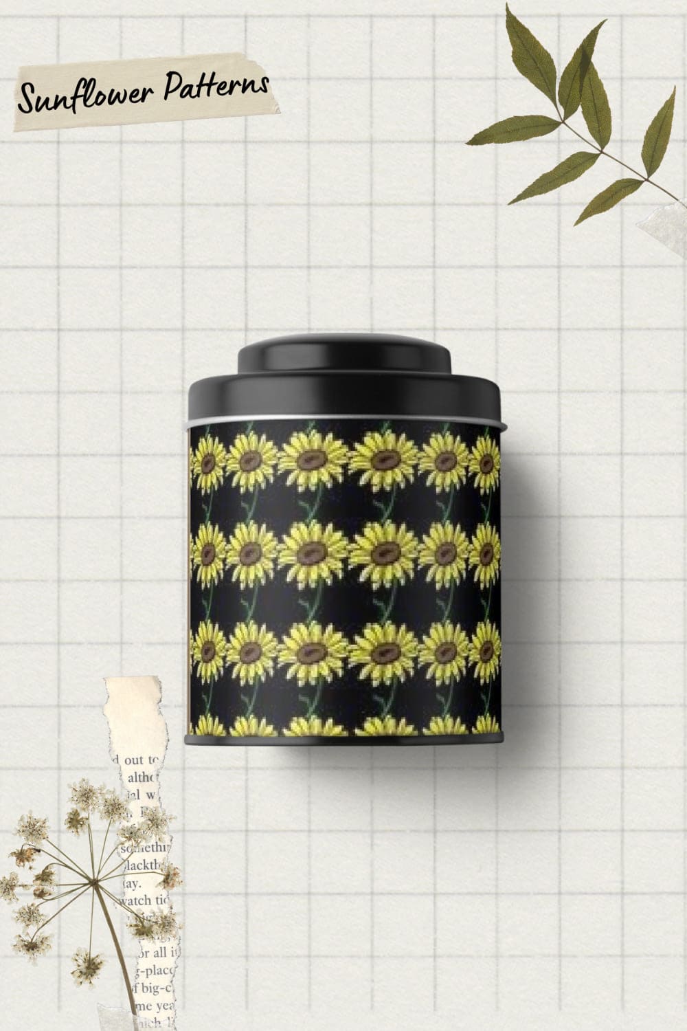 Sunflower patterns on a food jar.