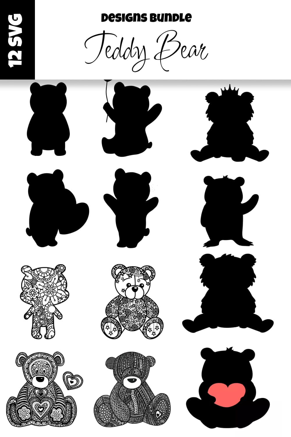Teddy bear stencils are shown in black and white.