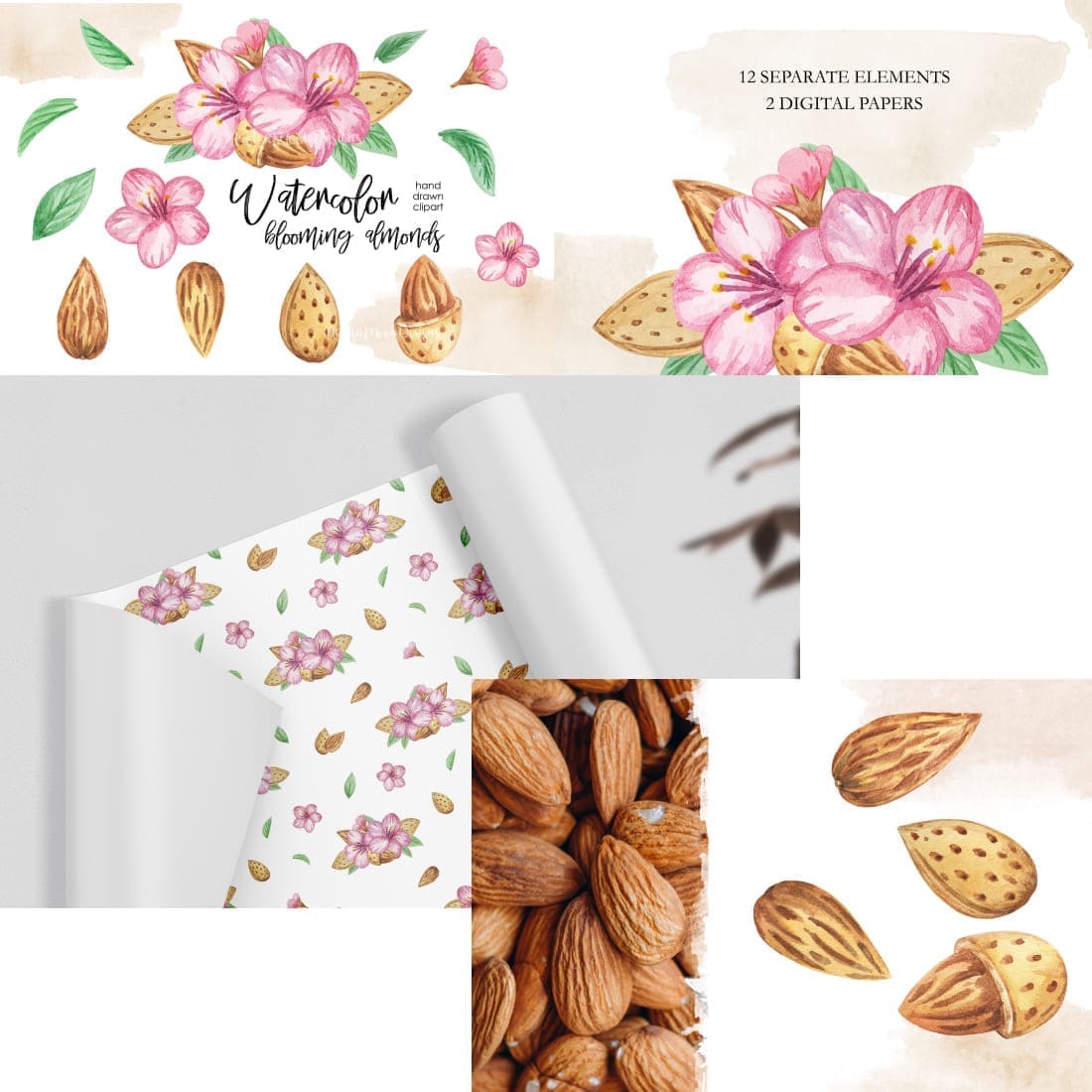 Watercolor painting 1100x1100 of almonds and inscriptions: "Watercolor flowering Almonds, 12 Separate elements, 2 Digital Papers".