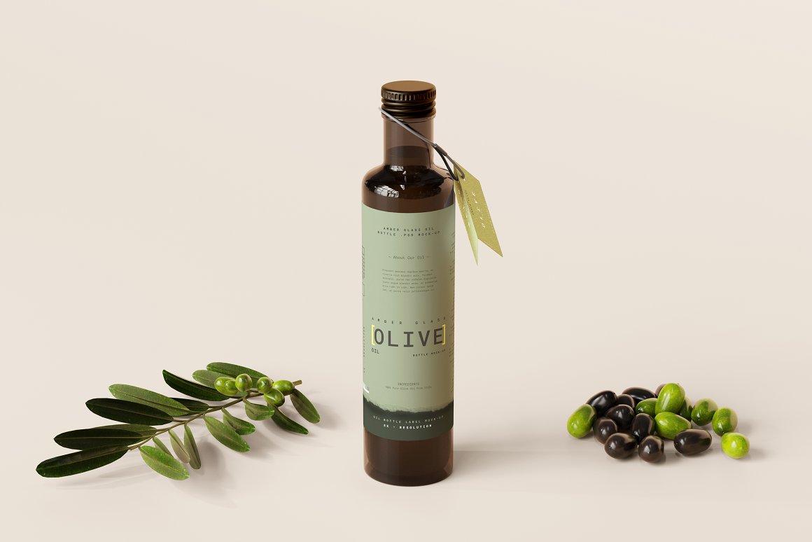 Olive oil from a brown bottle with a label.