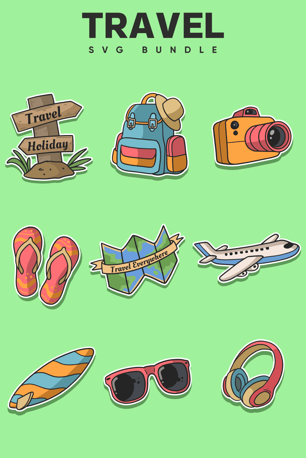 Pinterest picture with travel accessories on light green background.