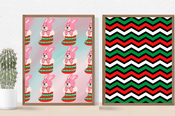 In one picture bunnies in Christmas socks, in another picture a colorful zigzag.