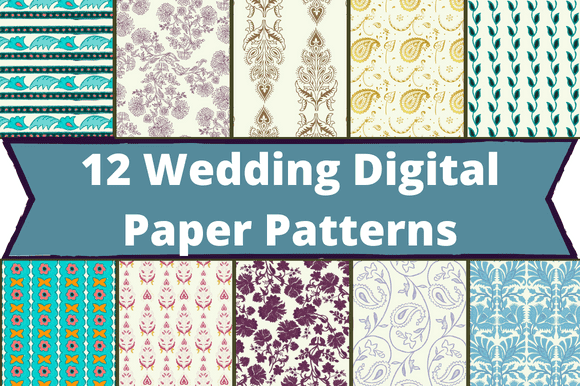 Delicate floral wedding patterns on white and colored backgrounds.