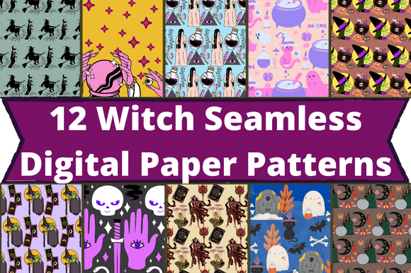 Witches are drawn on patterns in blue, pink, yellow and other colors.