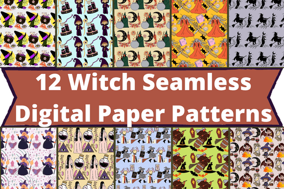 Images of patterns with witches dressed in witches' robes.
