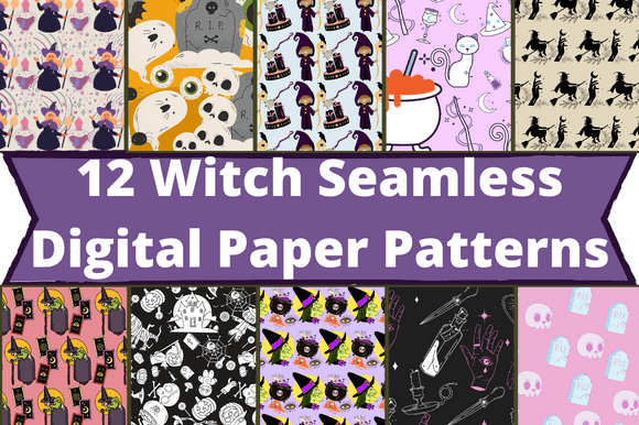 12 witch pattern with spider web and all halloween symbols.