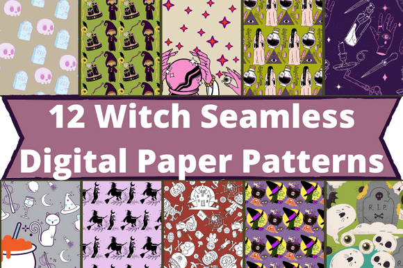12 patterns with silhouettes of witches on purple and green backgrounds.