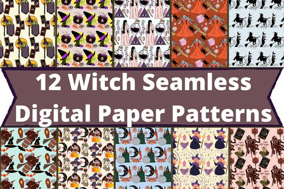 Green witches with witch hats on one of 12 patterns.
