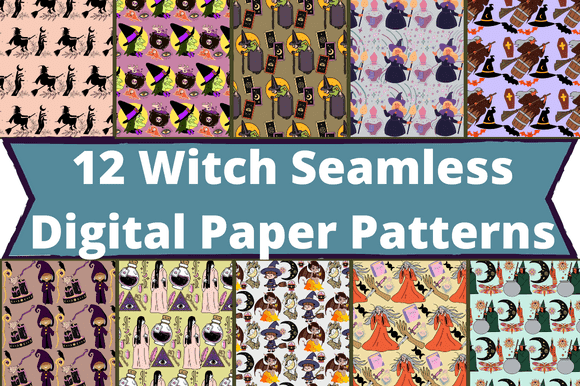 Silhouettes of witches, heavenly bodies on twelve patterns.