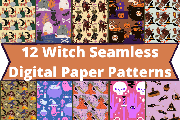 12 rectangular images with witchy things.