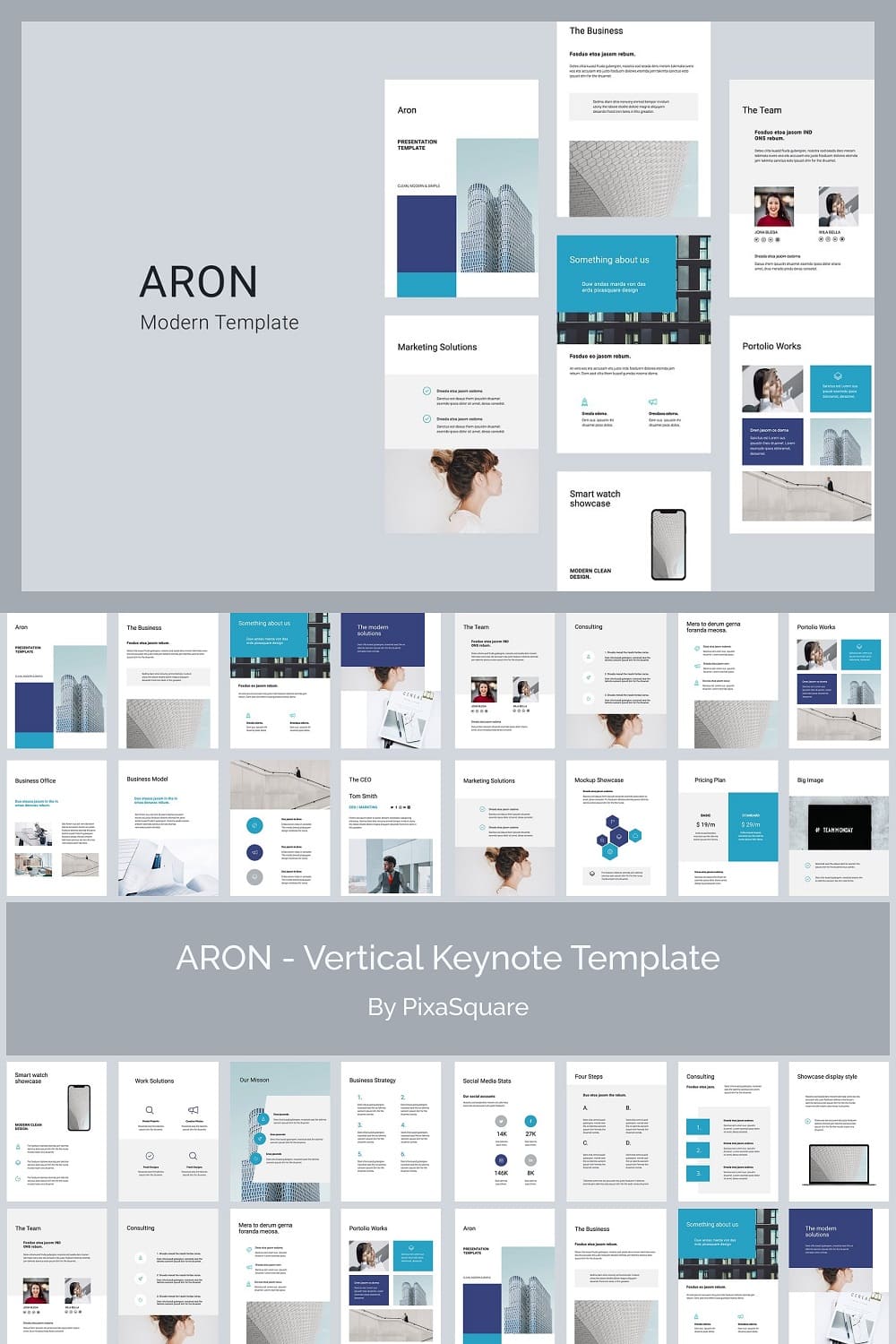 39 slides of Aron vertical keynote template in grey.