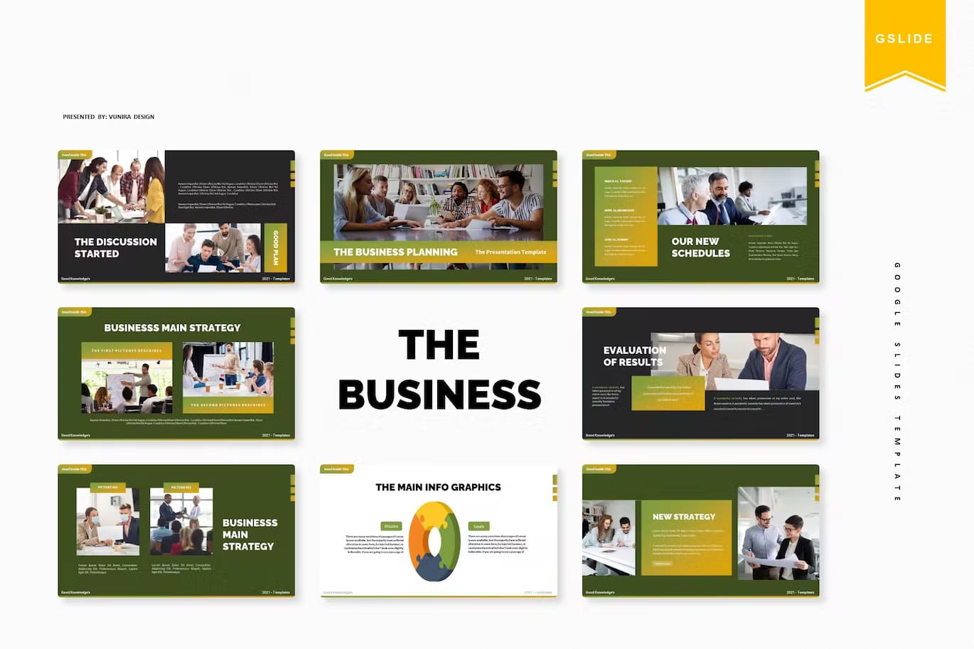 Google Slides template for business planning: The discussion started, the business planning, our new schedules.