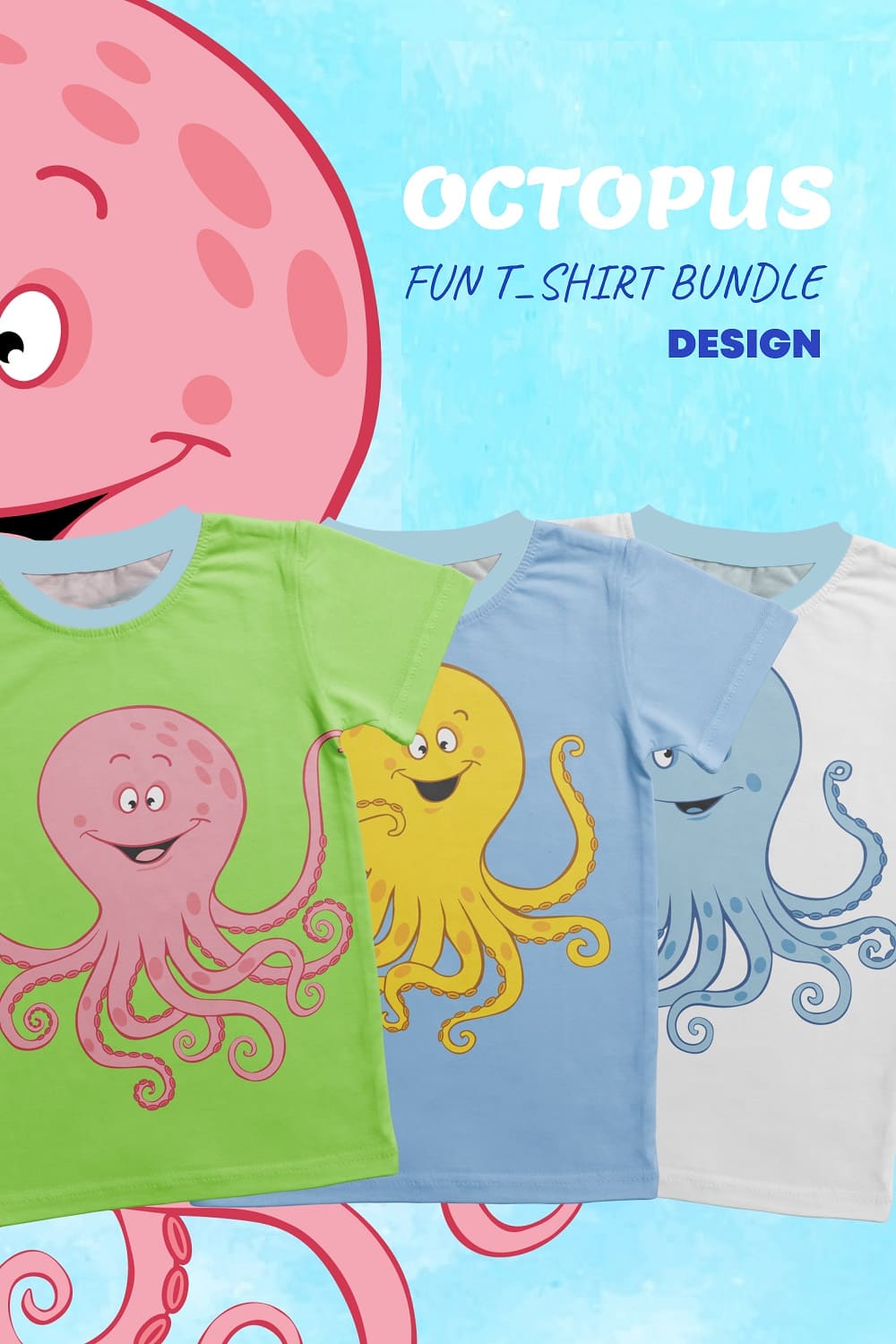 Three funny t-shirt designs with an octopus and a headline on a blue background.