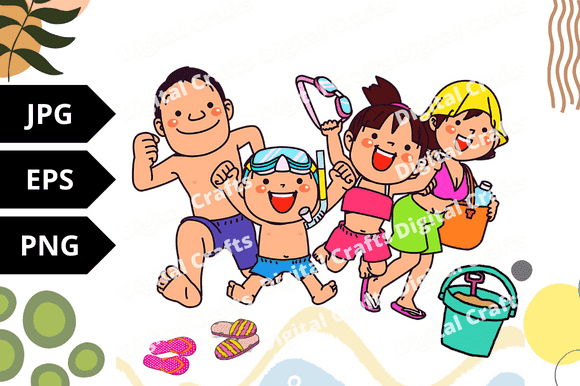 Big picture with happy family enjoying summer on white sand.