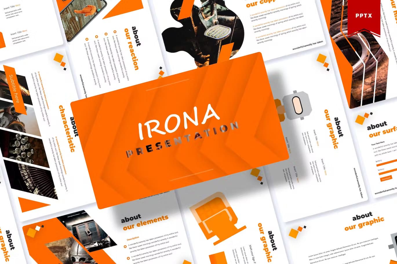 Lots of orange presentation slides of Irona at an angle.