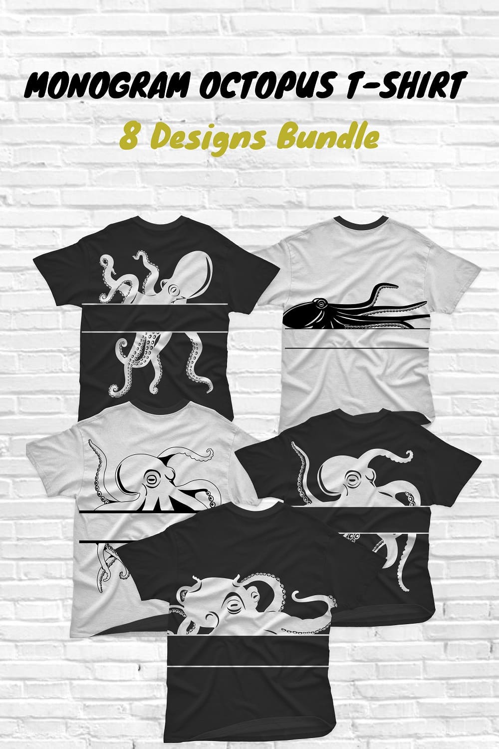 Five designs of white and black Monogram Octopus T-shirts.