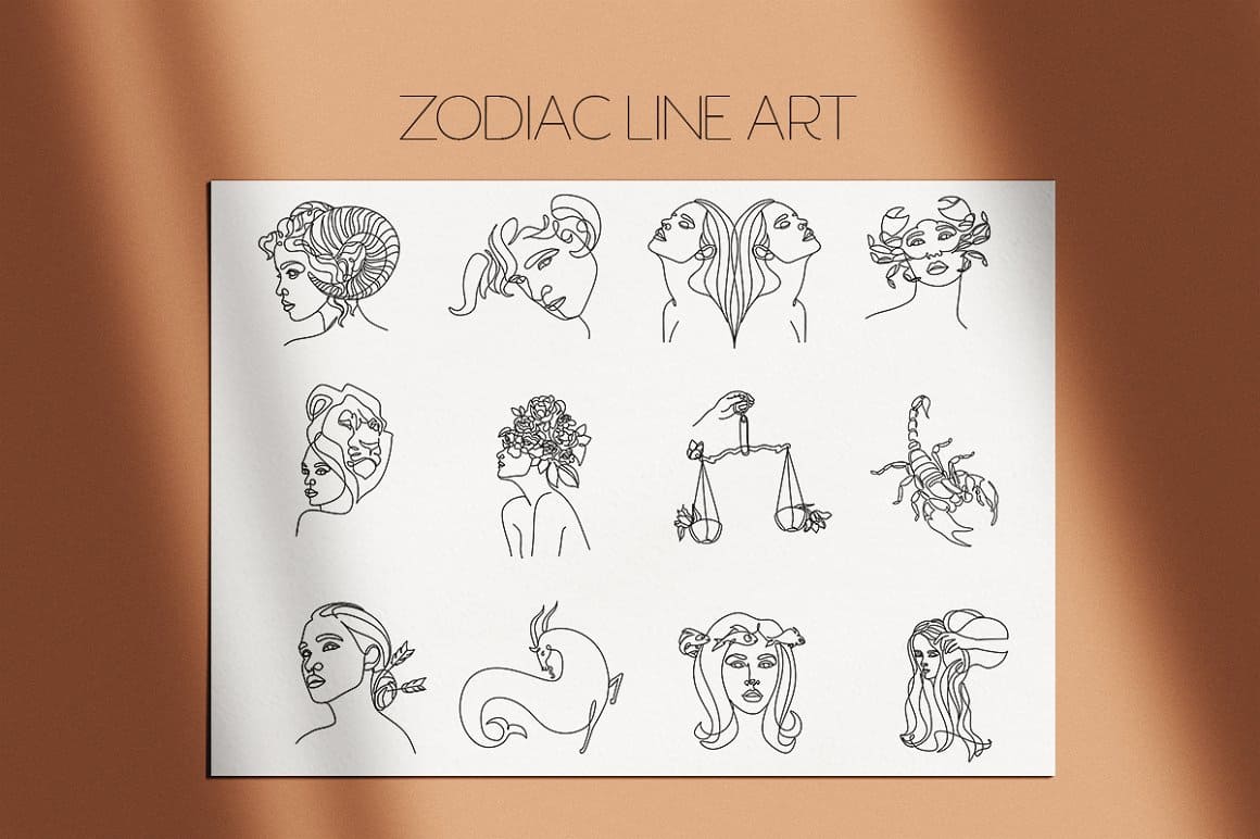 Zodiac horoscope, 12 signs of the zodiac on a white sheet with a bronze background.