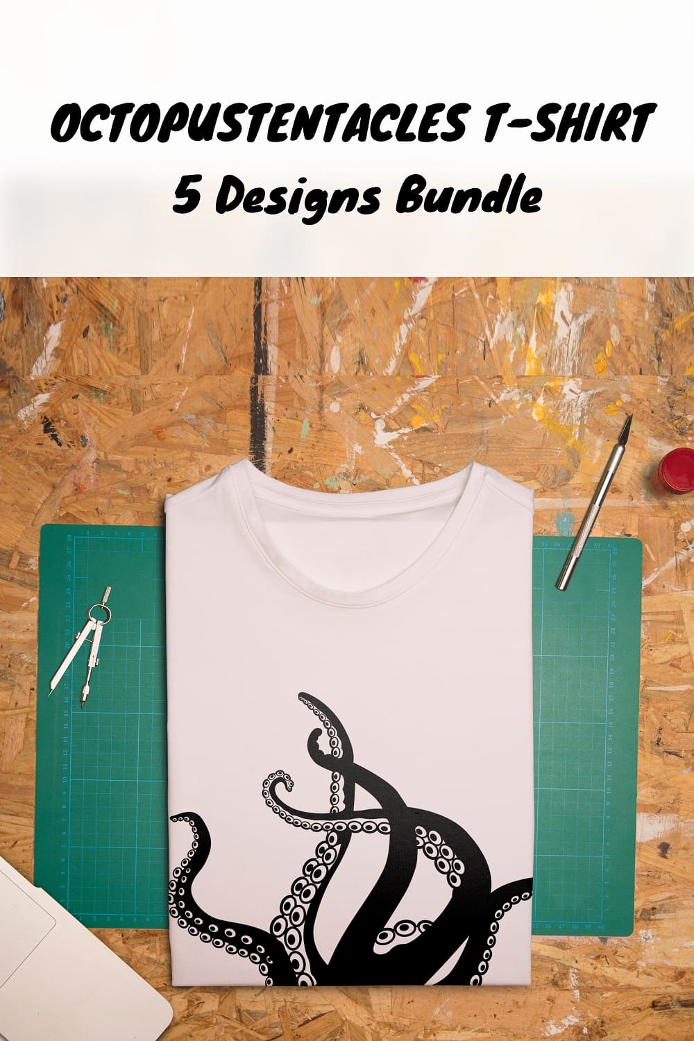 Black and white t-shirts with octopus tentacles in the picture for Pinterest.