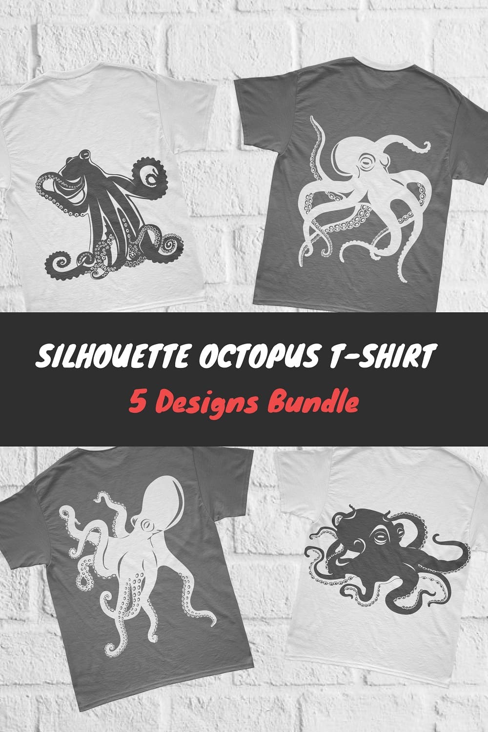 Four t-shirts with gray and white prints of octopus silhouettes against a white brick wall.
