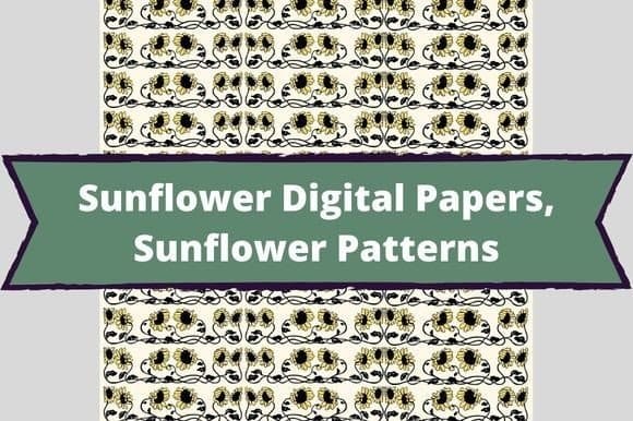 Sunflower digital paper, floral graphic and product header on green background.