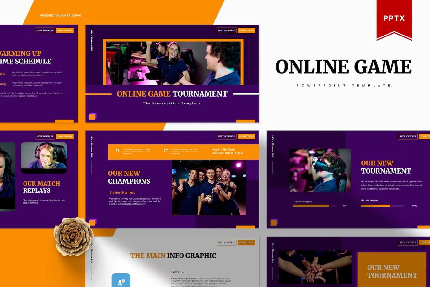 Online Games Tournament, Powerpoint Template, picture with 7 purple slides.