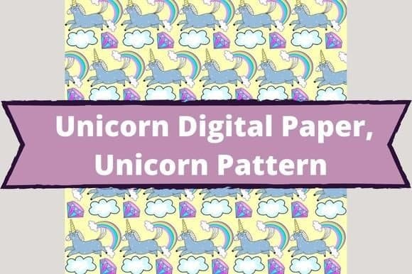 Images of diamonds, unicorns and clouds on a paper pattern.