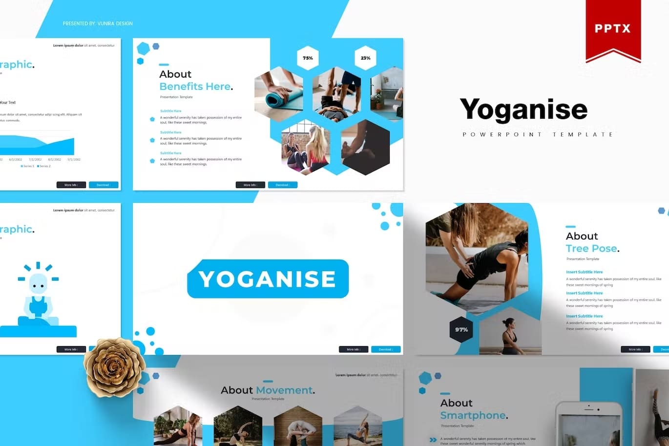 Yoganise PowerPoint template on smartphone screen: About Benefits Here, About Tree Pose.