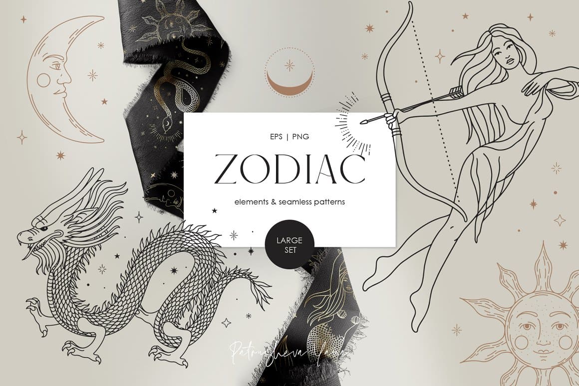 Zodiac, elements & seamless patterns, EPS, PNG.