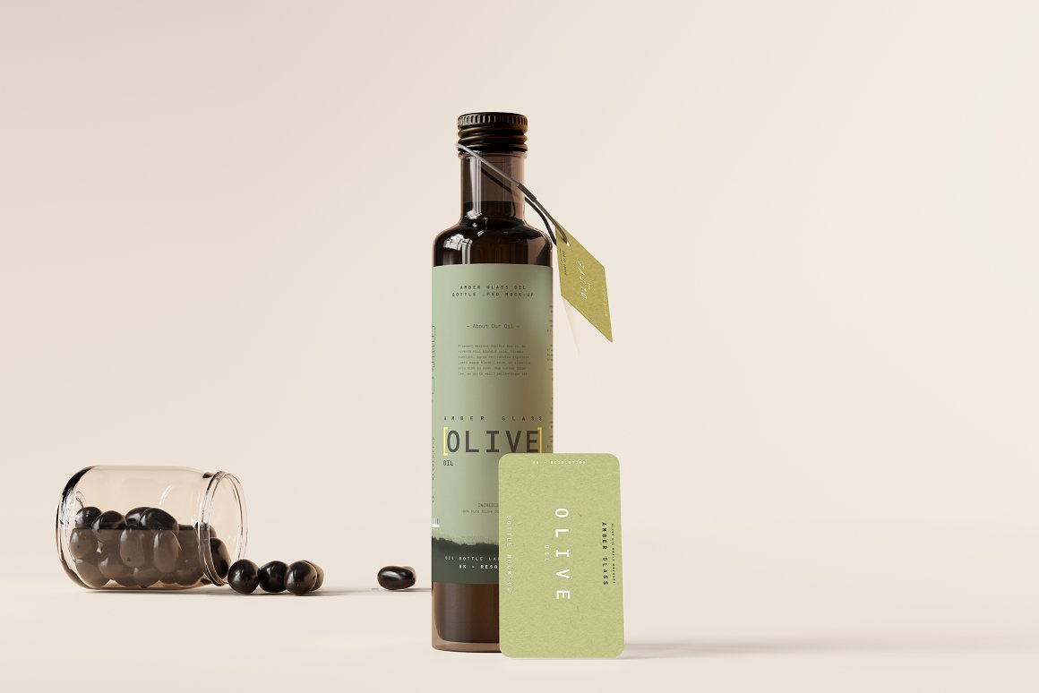 A beautiful bottle with olive business cards.