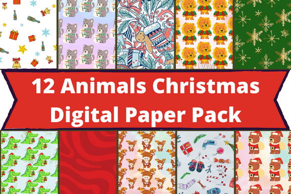 Christmas patterns with gifts and animals.