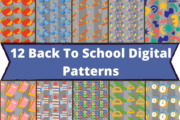 Pencils, textbooks, notebooks, apples are depicted on paper patterns.